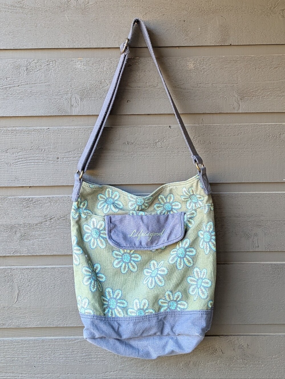 Vintage Y2K Life is Good 100% Cotton Canvas Bucket Satchel Bag Green Blue Floral - Picture 8 of 8